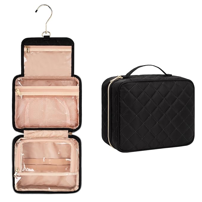CUBETASTIC Hanging Travel Toiletry Bag, Portable Makeup Organizer for Women Men, 3 Compartment Cute Cosmetic Case Water-resistant Small Travel Bag for Toiletries, Black
