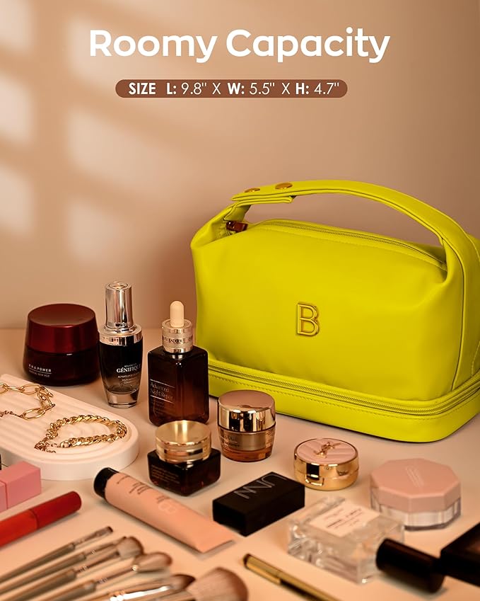 Unique Gifts for Women, Personalized Makeup Bag with Handle, Initial Double Layer Cosmetic Bag with Makeup Brush Organizer, Cute Cosmetic Pouch for Women, Tween Gift Ideas