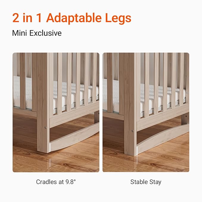 EvoNest Baby Crib, 6 in 1 Convertible Mini Crib with Wheels, 100% New Zealand Wood Growing Bed, 4 Adjustable Mattress Height, Wahsed Natural (Beige)