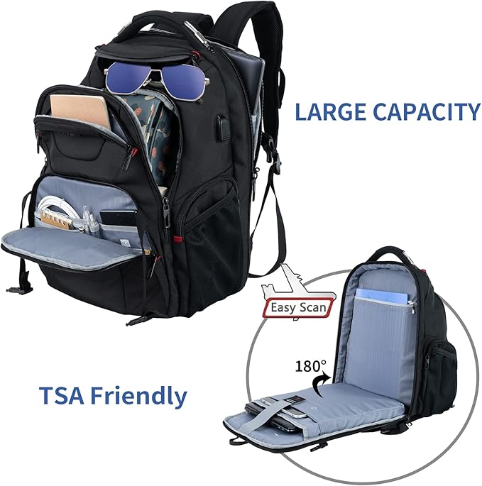 VANKEAN 17.3'' Travel Laptop Backpack TSA Friendly, Water Resistant Anti Theft Extra Large College Backpacks with RFID Pockets, USB Port for Men Women Business Work Bag, Black