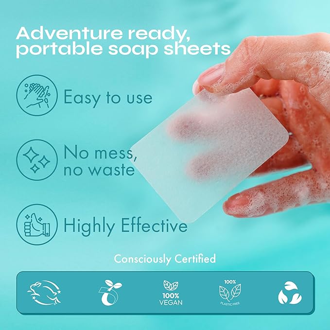 FOMIN - Antibacterial Paper Soap Sheets for Hand Washing - (100 Sheets) Rose Portable Travel Soap Sheets, Dissolvable Camping Mini Soap, Portable Hand Soap sheet