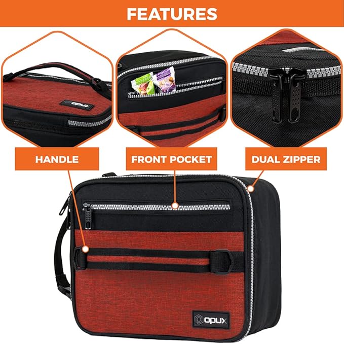 opux Insulated Lunch Box for Men Women Adult, Compact Lunch Bag for Kids Boy Girl Teen, Soft Lunch Cooler Bag for Work School, Leakproof Lunchbox Lunch Pail with Clip-on Buckle, Heather Red