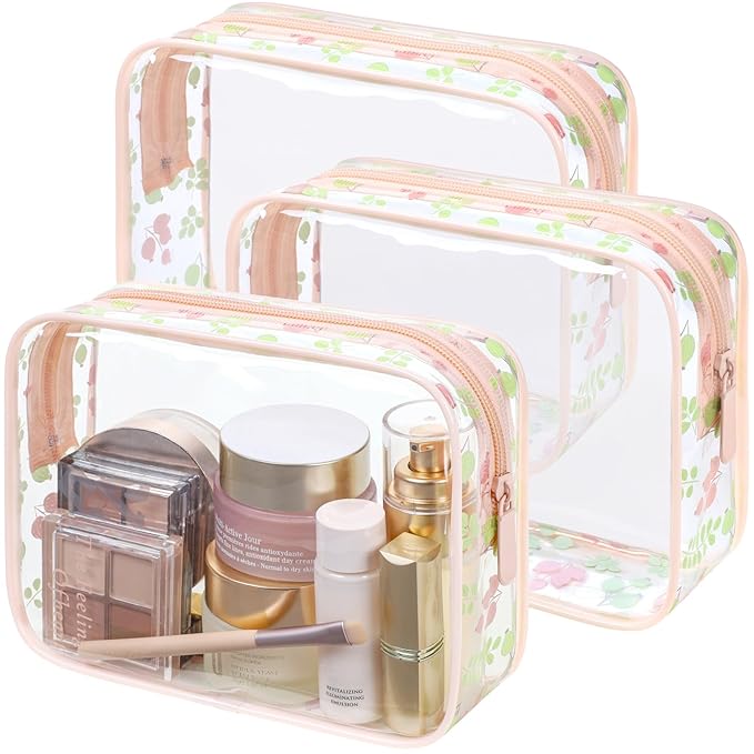 PACKISM TSA Approved Toiletry Bag - Pink Floral Print Clear Travel Bags, Suitable for Gifts, with Supporting Frame, Perfect for Travel Essentials, Thick No Smell