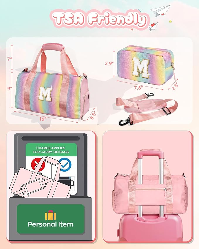 Gifts for 4 5 6 7 8 9 10 Year Old Girls-Girl Gym Bag with Shoe Compartment, Kid Weekender Overnight Bags, Initial Travel Tote with Makeup Pouch, Niece Girls Birthday Gift (Letter L)