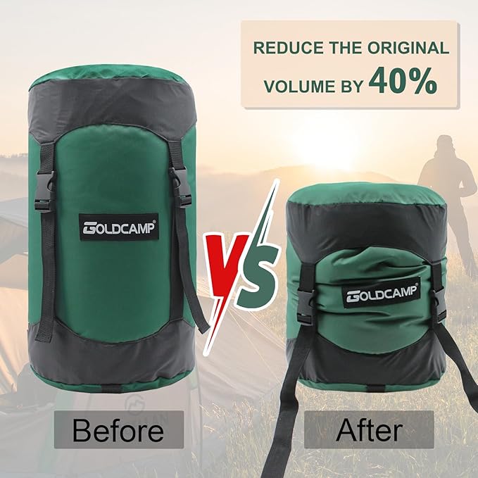 GOLDCAMP Compression Sack, 40% More Storage! 18L/30L/43L/49L/65L Compression Stuff Sack, Waterproof & Ultralight Sleeping Bag Stuff Sack - Space Saving Gear for Camping, Hiking (Green, L)