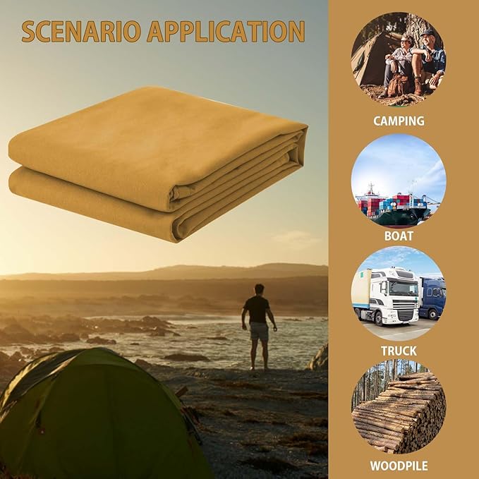 FoundGo 16x20ft Canvas Tarp 22 Mil Tarps 14 oz Canvas Tarpaulin Heavy Duty Cloth Water/UV Resistant Cover with Rustproof Grommets & Ropes for Cars,Roofs,Boats,Camps,Sunshades，Moisture Barrier -Tan