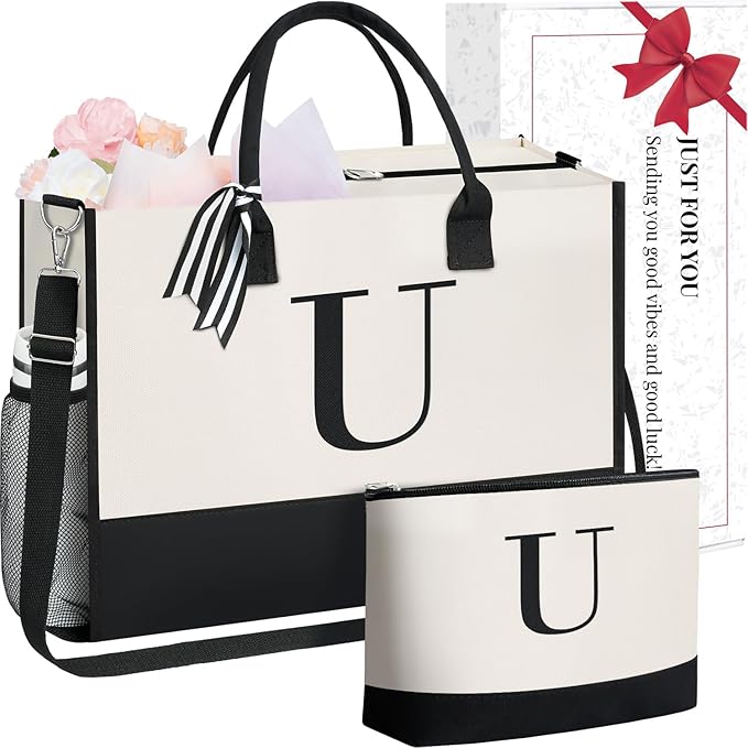 BAGAIL Initial Tote Bag, Personalized Birthday Gifts for Women, Teacher, Friends, Mom, Wedding, Monogrammed Beach Bag