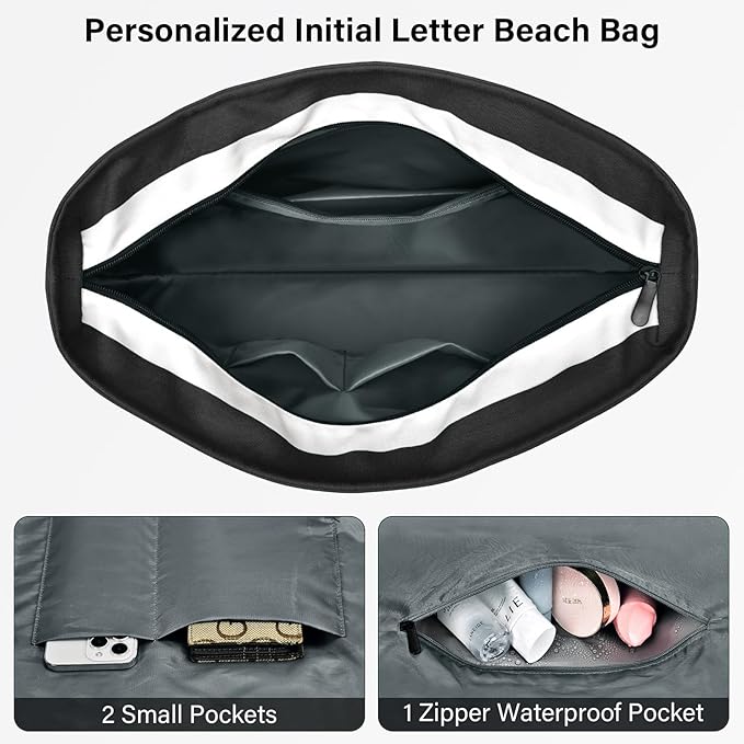 Becokan Beach Bag Initial Beach Tote with Makeup Bag for Travel Work Storage Personalized Birthday Gifts for Women Her