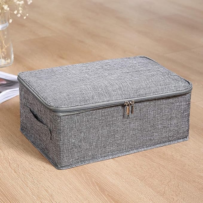 ANMINY 2PCS Storage Bins with Zipper Lids 13 Qt Lidded Fabric Storage Boxes Baskets Cubes with Handles Collapsible Washable Cotton Linen Closet Shelf Clothes Organizer Containers - Gray, Small