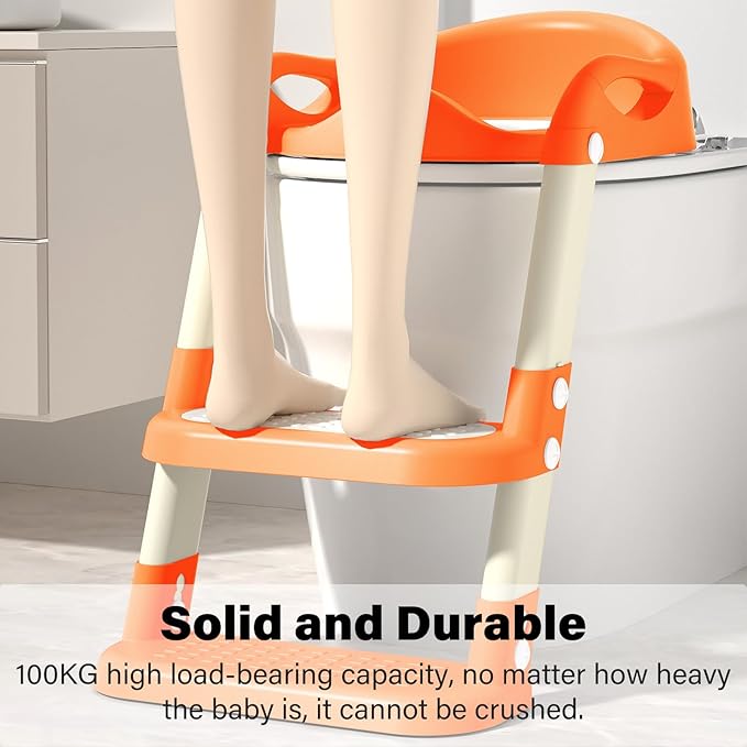 Potty Training Seat with Step Stool Ladder, Adjustable Foldable Potty Seat for Toilet with Anti-Slip Pads Ladder for Kids Boys Girls Toddlers - Orange