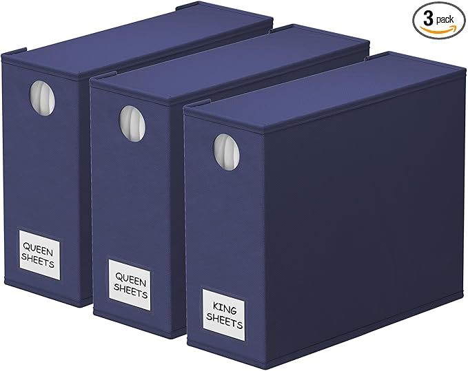 SpaceAid 3 Pack Bed Sheet Organizers and Storage, Foldable Sheet Organizer for Linen Closet, Sheets Set Folder Keeper with Window XL (Queen & King Size) Bedding Container (Navy Blue, 3 Pack)