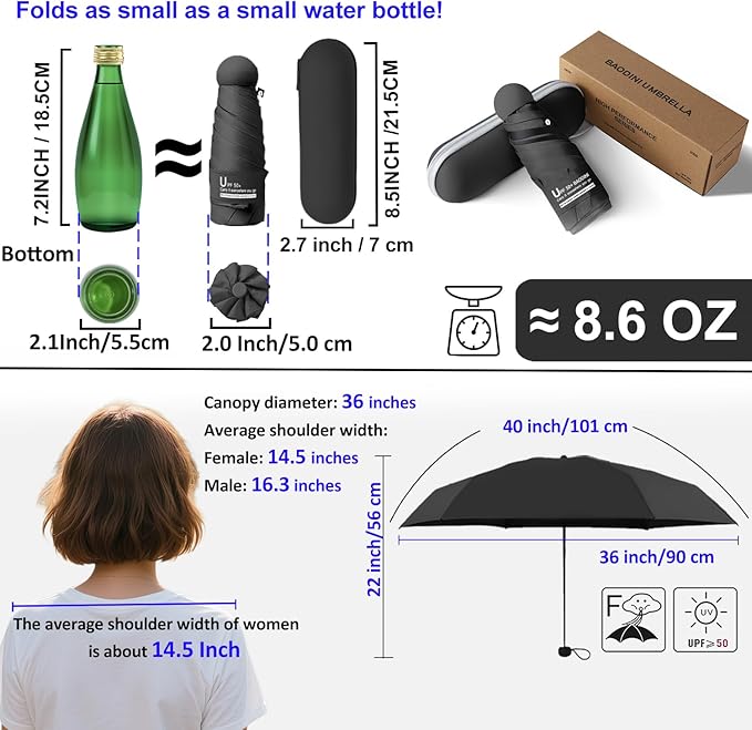 BAODINI Travel Mini Umbrella for Purse With Case Small Compact UV Sun Protection Sun Lightweight Tiny Pocket Umbrella for Women Kids and Men