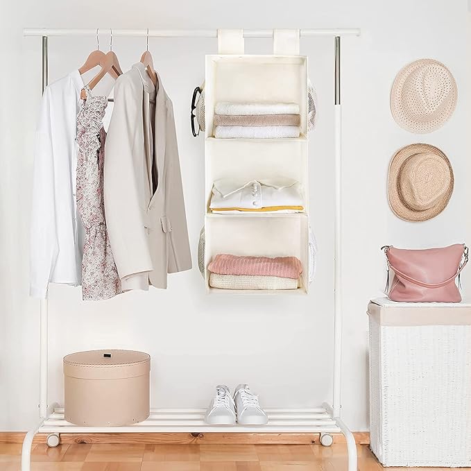 MAX Houser 3-Shelf Hanging Closet Organizers, Collapsible Closet Hanging Shelves for Camper, Nursery Hanging Organizers, Beige, 2-Pack