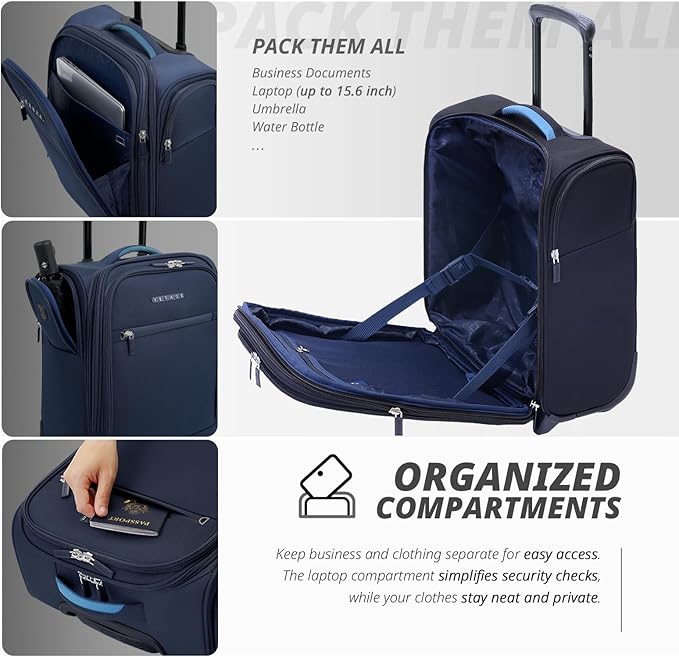 Verage Under Seat Luggage with Wheels, Softside Expanable Small Suitcase Carry On Luggage Bags for Airlines Airplanes Short Trip Men Women (Navy, 16-Inch Rolling Underseat)