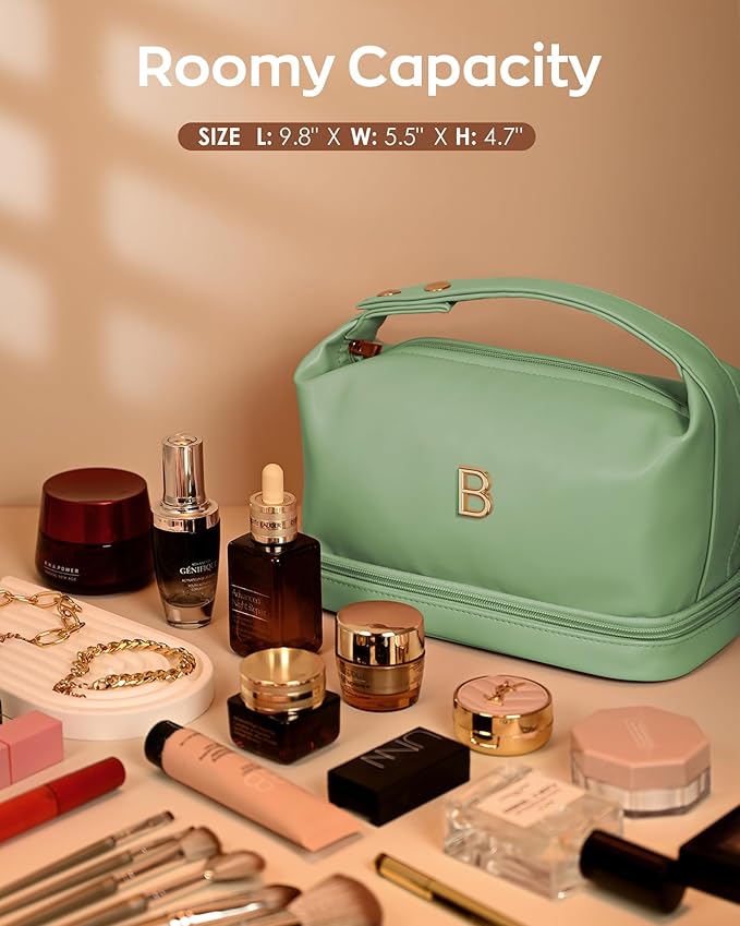 Women Gifts, Personalized Makeup Bag with Handle, Initial Double Layer Cosmetic Bag with Makeup Brush Organizer, Cute Cosmetic Pouch for Women, Gifts for Friends Female Mom