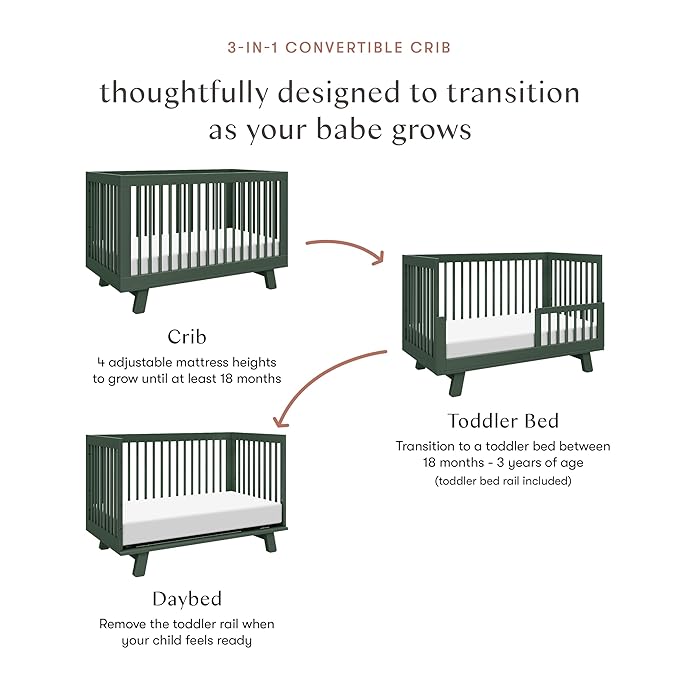Babyletto Hudson 3-in-1 Convertible Baby Crib with Toddler Bed & Daybed Conversion - Strong, Durable, and Easy to Assemble - GREENGUARD Gold Certified w/ 4 Adjustable Mattress Heights - Forest Green