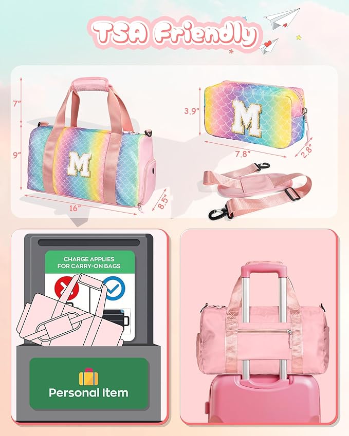 Cute Preppy Gifts for Girls-Girl Gym Bag with Shoe Compartment, Kid Personalized Weekender Overnight Bags, Initial Travel Tote with Makeup Pouch, Daughter In Law Gift (Letter D)