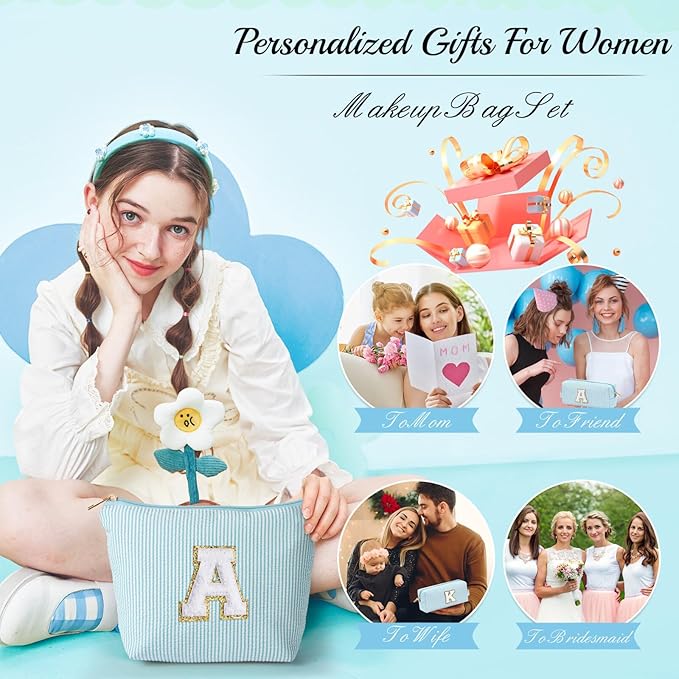 YOOLIFE Initial Makeup Bag for Girls Women - Skin Care for Teens 10-12 | Make Up Bag | Trendy Stuff for Tween Girls & Women | Graduation & Mothers Day Gifts