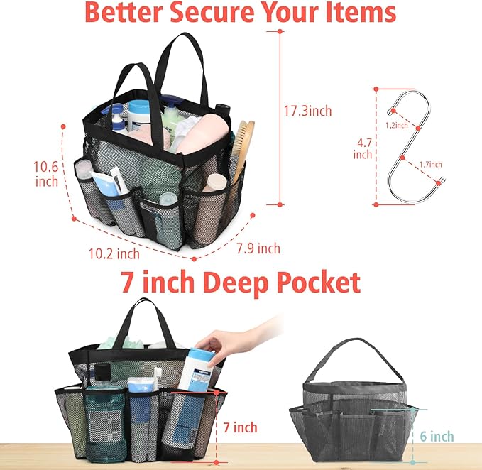 F-color Mesh Shower Caddy Portable - 2 Handles Upgrade Deeper 7 Pockets Basket Bag Tote for College Dorm Room Toiletry Bathroom Essentials Gym Camp Quick Dry with S Hook, 2 Pack, Black & Blue