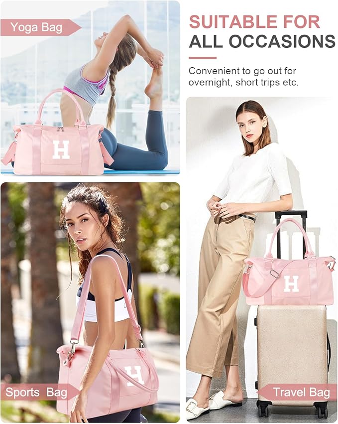 Initial Travel Duffel Bag Sports Gym Bag for Girls Teen Birthday Gifts,Pink Personalized Weekender Bag Carry On Tote Bags for Women Men,Waterproof Overnight Luggage Bag with Trolley Sleeve(Letter H)