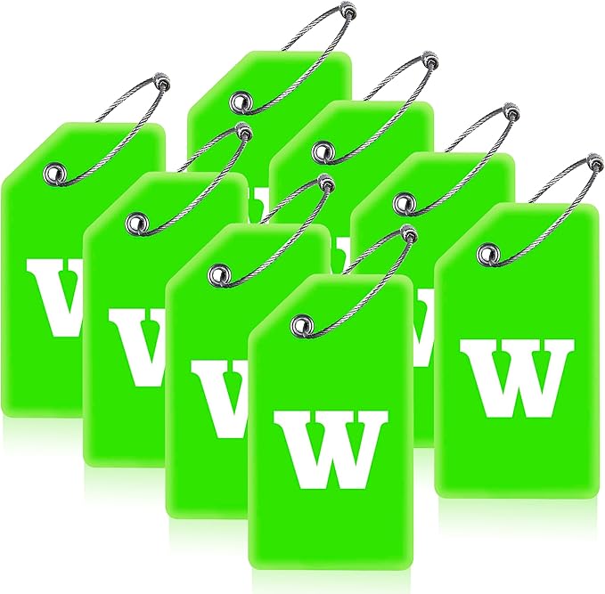 8 Pcs Luggage Tags for Suitcases, 26 Initial Letter Travel Luggage Baggage Identification Labels ID Tags Fully Bendable Tags with Stainless Steel Loop (Letter W, Green)