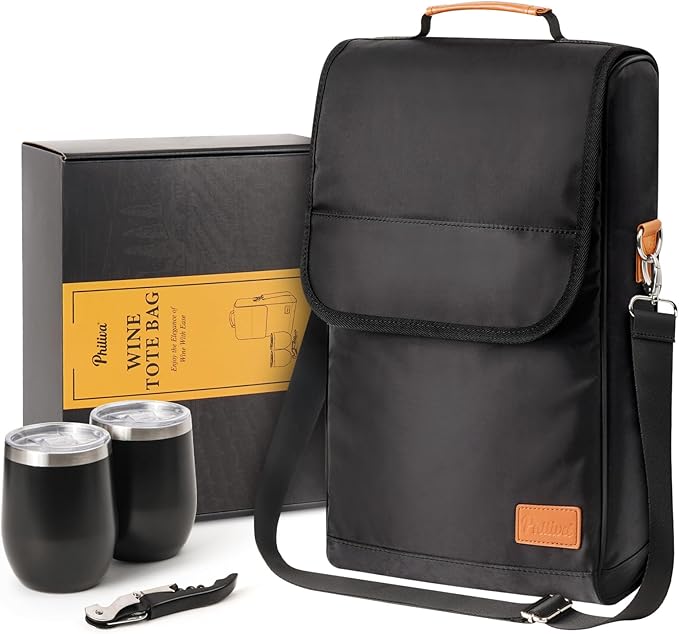 3 Bottle Wine Tote Bag with Wine Tumblers and Wine Opener, Wine Gifts for Women, Portable Wine Carrier Purse with Shoulder Strap for Travel/Picnic/Beach/Pool/Events/Hiking, Black