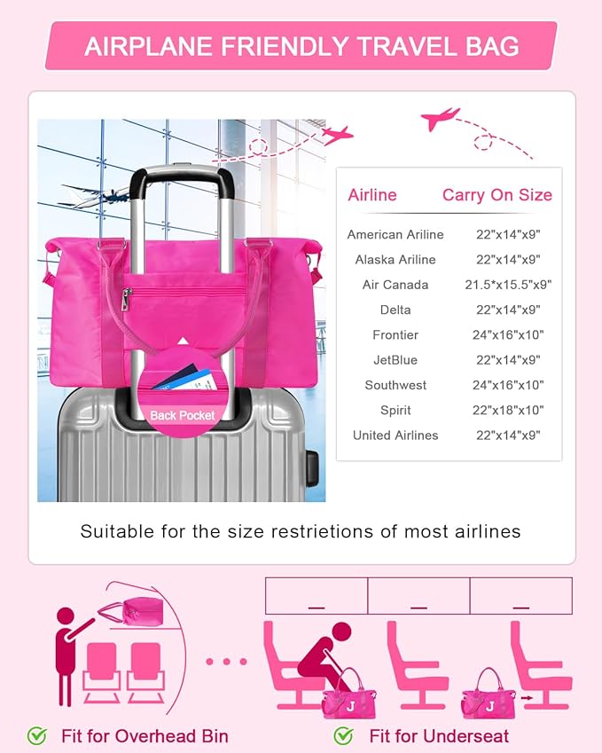 Overnight Bag for Kids Teen Girls Weekender Dance Bag Birthday Graduation Gifts,Initial Travel Duffel Bag Sports Gym Bag Personalized Weekender Bag Carry On Bags Preppy Gifts for Women(Hot Pink, J)