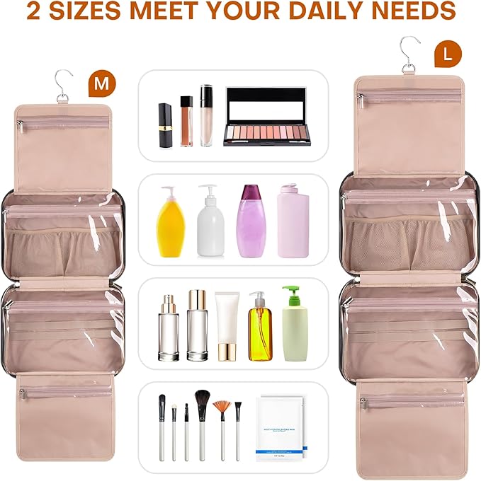 Hanging Toiletry Bag for Women Travel, 2 Sizes Large & Small Waterproof Cosmetic Organizer with 4 Compartments, Rotating Hook, Foldable Pink Travel Bag for Toiletries & Makeup - Medium Black