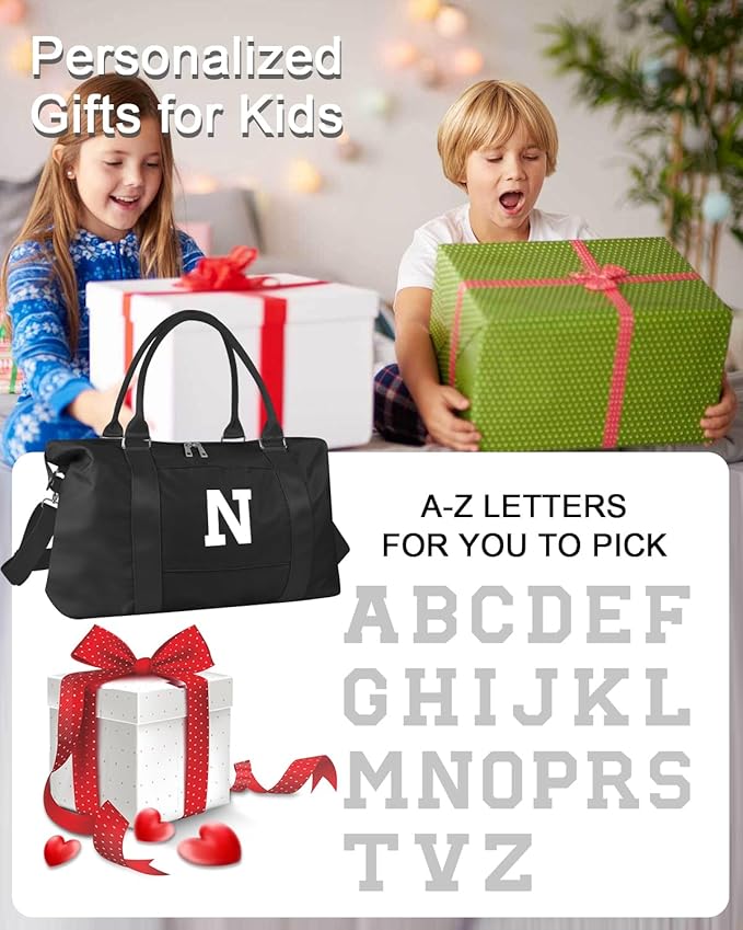 Initial Travel Duffel Bag Sports Gym Bag for Boys Teen Birthday Gifts,Black Personalized Weekender Bag Carry On Tote Bags for Men,Waterproof Overnight Luggage Bag Airplane Travel Essentials(Letter N)