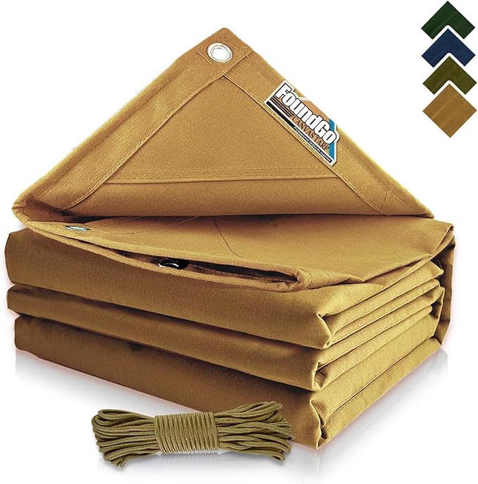 FoundGo 10x12ft Canvas Tarp 22 Mil Tarps 14 oz Canvas Tarpaulin Heavy Duty Cloth Water/UV Resistant Cover with Rustproof Grommets & Ropes for Cars,Roofs,Boats,Camps,Sunshades，Moisture Barrier -Tan