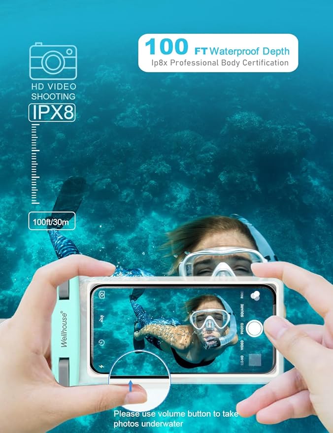 wellhouse Waterproof Phone Pouch, Waterproof Phone Case for iPhone 16 15 14 13 12 Pro Max XS Samsung, IPX8 3D Cellphone Dry Bag Beach Essentials (2 Pack - Green & White7.0, 7 inch)