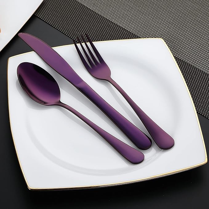 DEVICO Portable Utensils, Travel Camping Cutlery Set, 8-Piece including Knife Fork Spoon Chopsticks Cleaning Brush Straws Portable Case, Stainless Steel Flatware set (Purple)