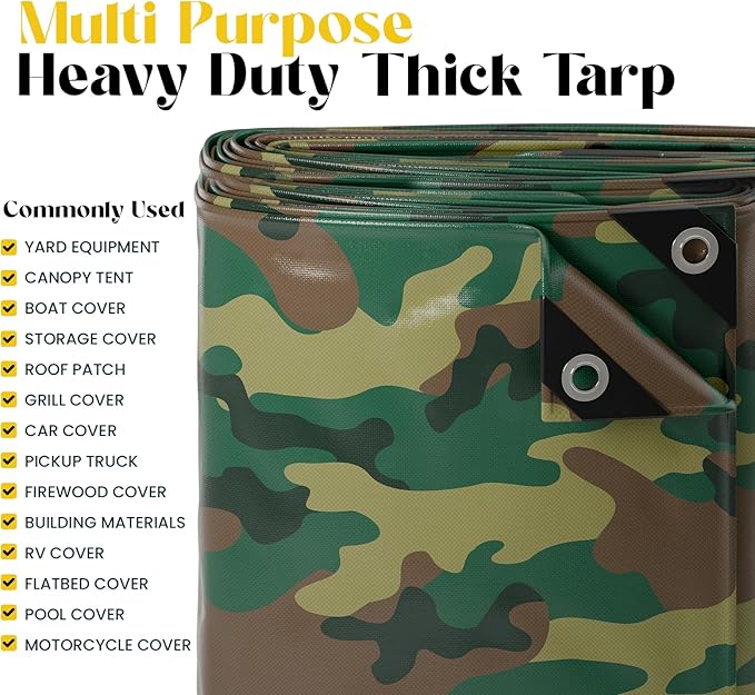 Core Tarps Extreme Heavy Duty 20 Mil Tarp Cover, Waterproof, UV Resistant, Rip and Tear Proof, Poly Tarpaulin with Reinforced Edges for Roof, Camping, Patio, Pool, Boat (Camouflage/Green 20′ X 20′)