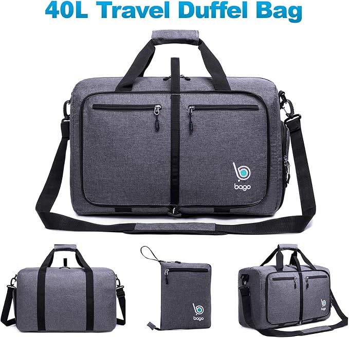 Bago Foldable Duffel Bags for Traveling Women & Men - 40L Sports Packable Duffle Bag for Travel with Shoe Compartment - Water Repellant, Heavy Duty, Lightweight Folding & Collapsible (SnowBlack)