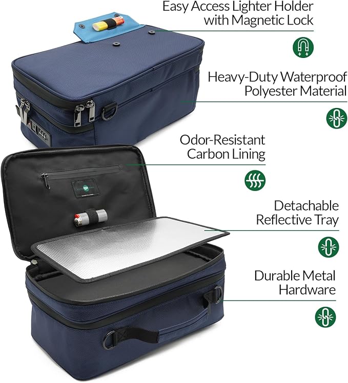 Large Storage Case with TSA Combination Lock Bag, Portable Carbon Lined, XL Medicine Lockable Box for Travel & Home Secured Box Organizer Divider Jars Accessories, Removable Tray (Blue)