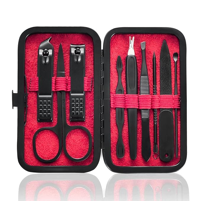 Manicure Set 9 in 1 Stainless Steel, Nail Clippers Scissors Pedicure Tools Kit - Portable Travel Grooming Kit for Men and Women with Black/Red Leather Case (Red)