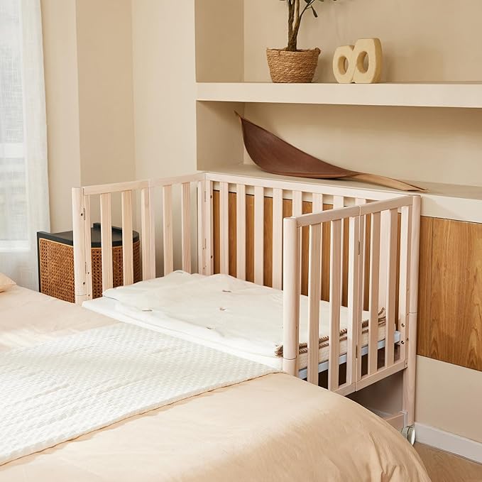 EvoNook 6-in-1 Convertible Mini Crib, 100% New Zealand Wood, 4 Adjustable Mattress Heights, Crib with Mattress, Washed Natural
