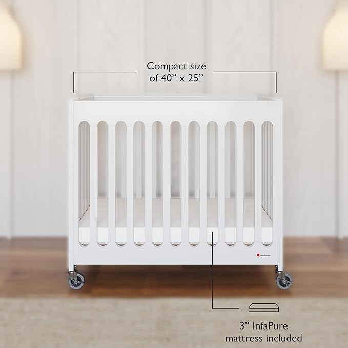 Foundations Boutique Folding Hotel Crib and Sheet Bundle - Includes Wooden Mini Crib with 3" Foam Mattress (White) and 6-Pack White Fitted Compact Sheets