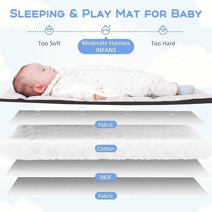 INFANS Pack and Play, 5 in 1 Baby Bedside Sleeper with Bassinet, Diaper Changer, Mattress, Carry Bag, Music Box Hanging Toys, Foldable Bedside Crib, Portable Playard for Newborn Toddlers (Bear)
