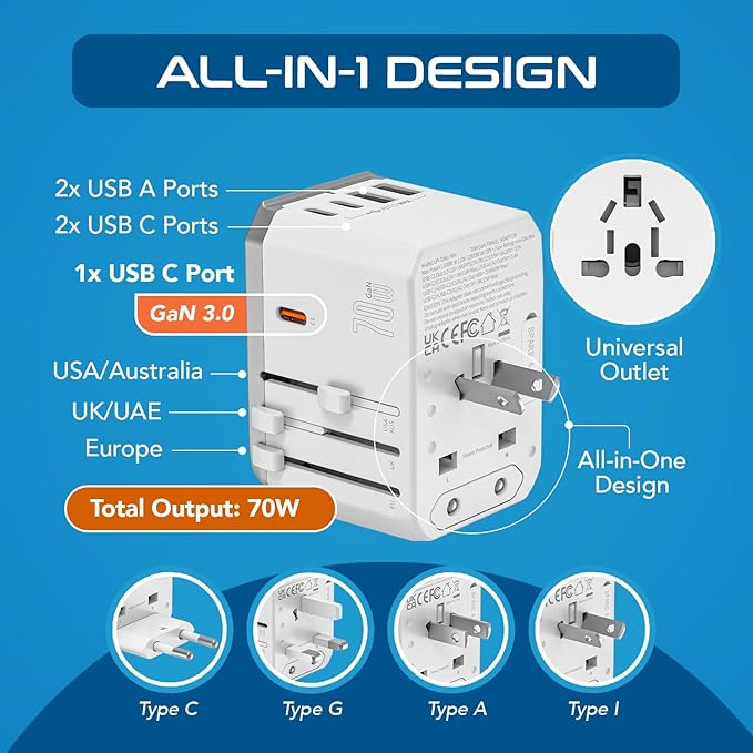 Ceptics 6 in 1 Universal Travel Adapter with PD 70W USB-C and 2X USB-A and 2X USB-C 3A, Universal Charger with QC 3.0 for US/EU/UK/AU, Universal Power Adapter with Type I C G A Outlets