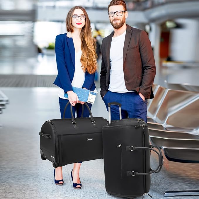 Modoker Rolling Garment Bags, Large Garment Duffle Bag with Wheels, 3 in 1 Garment Suit Luggage Bag for Women Men Business Travel Weekender, Black