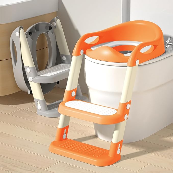 Potty Training Seat with Step Stool Ladder, Adjustable Foldable Potty Seat for Toilet with Anti-Slip Pads Ladder for Kids Boys Girls Toddlers - Orange