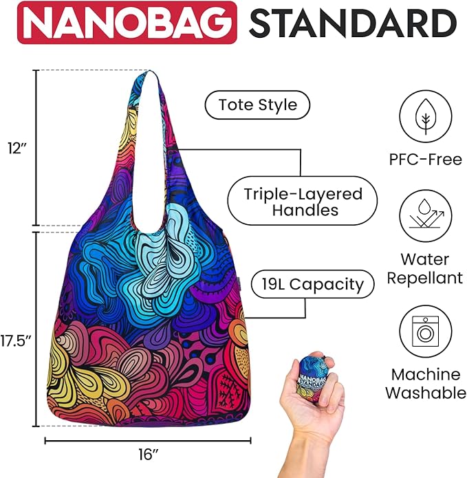 Nanobag Ultra-Lightweight Foldable Tote for Women & Men, Reusable Grocery & Travel Bag, Packable Collapsible Compact Market Essential (Standard Psychedelic)