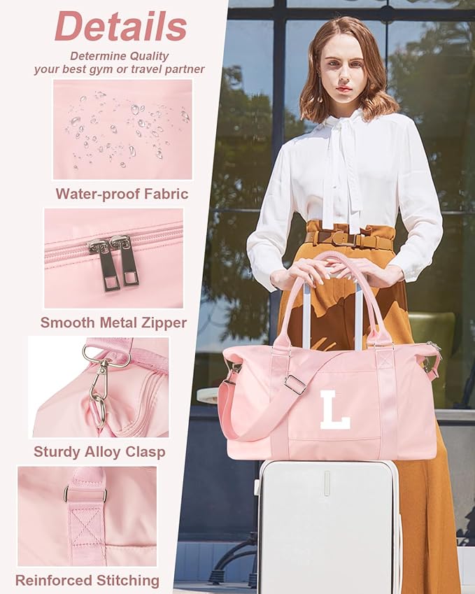 Initial Travel Duffel Bag Sports Gym Bag for Girls Teen Birthday Gifts,Pink Personalized Weekender Bag Carry On Tote Bags for Women Men,Waterproof Overnight Luggage Bag with Trolley Sleeve(Letter L)