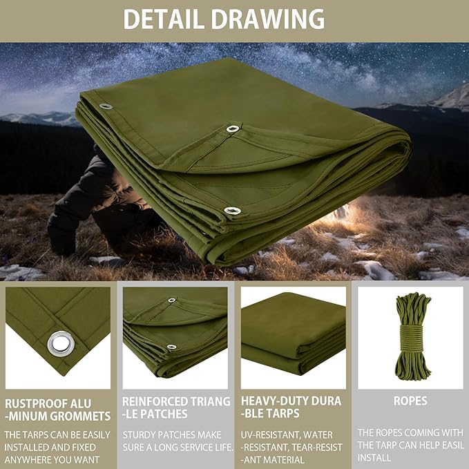 FoundGo Canvas Tarp 20x30ft Heavy Duty Waterresistant Tarps with Grommets, UV Resistant, 22 Mil Tarpaulin,14 oz Durable Cloth Covers for Car, Roof, Boat, Camp, Canopy, Woodpile with Ropes-Moss