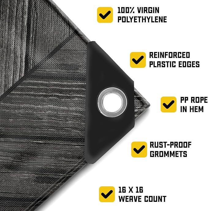 Core Tarps Extreme Heavy Duty 20 Mil Tarp Cover, Waterproof, UV Resistant, Rip and Tear Proof, Poly Tarpaulin with Reinforced Edges for Roof, Camping, Patio, Pool, Boat (Grey Wood/Black 50′ X 100′)