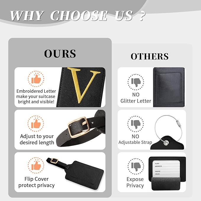 Personalized Initial Luggage Tags for Suitcase TSA Approved, Black Leather Cute Luggage Tag with Privacy Cover Name Card, Embroidered Custom Luggage Tags Travel Backpack Tags Gifts for Women Kids(V)