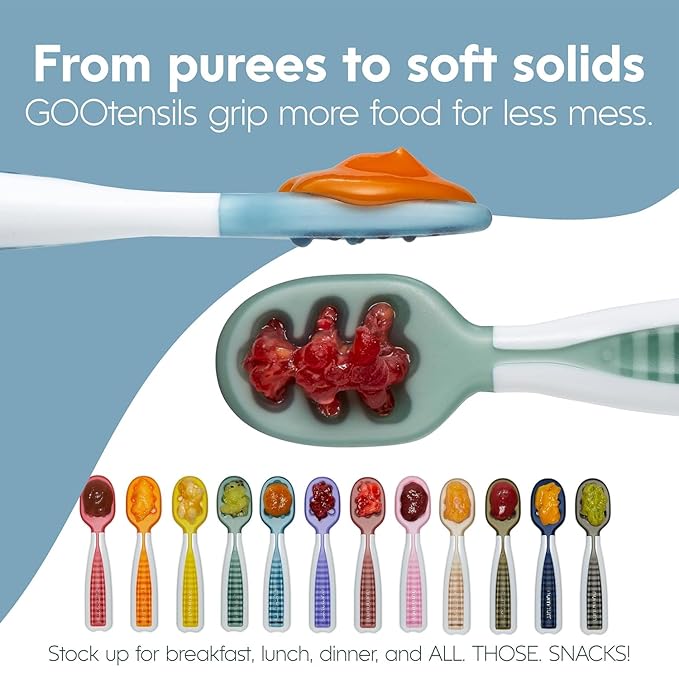NumNum Baby Spoons Set, Baby Essentials Pre-Spoon GOOtensils for 6+ Months, First Stage Self-Feeding Spoons for Baby Led Weaning (BLW), Silicone Toddler Utensils, BPA-Free, 2 Pack Blue/Orange
