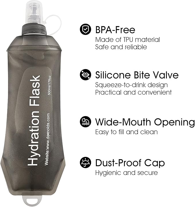 GYGYL Soft Flask, TPU Collapsible Soft Water Bottle for Hydration Pack, Running Vest, Leak-Proof Folding Water Bottle for Hiking Cycling Climbing Jogging-500ml Grey, 2pcs