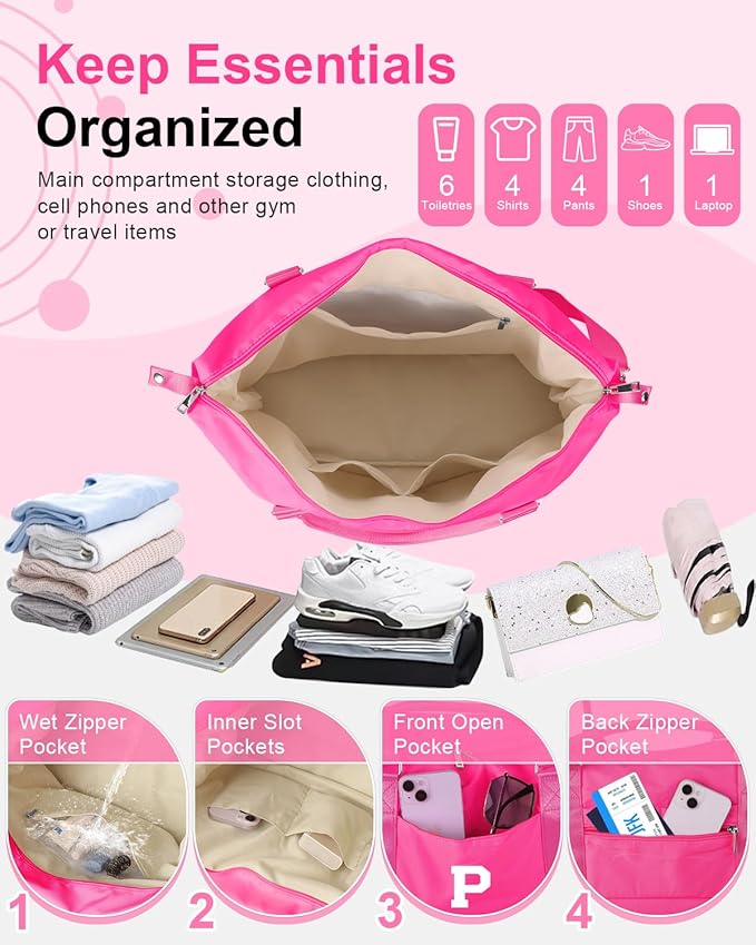Overnight Bag for Kids Teen Girls Weekender Dance Bag Birthday Graduation Gifts,Initial Travel Duffel Bag Sports Gym Bag Personalized Weekender Bag Carry On Bags Preppy Gifts for Women(Hot Pink, P)